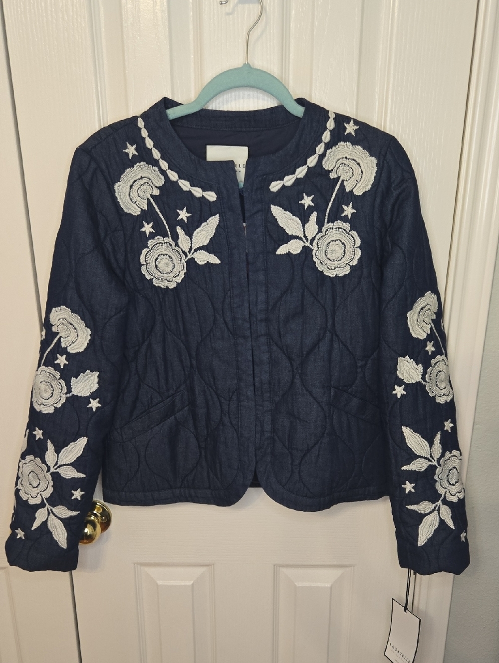 Bagatelle Navy Quilted Jacket with White Floral Embroidery Sz S